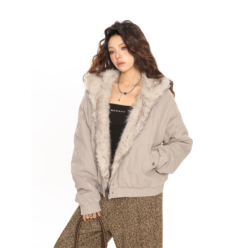 Retro winter plush coat thick hooded cotton coat for women