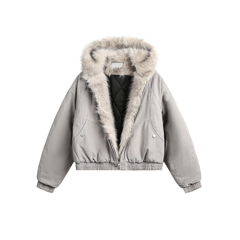 Retro winter plush coat thick hooded cotton coat for women