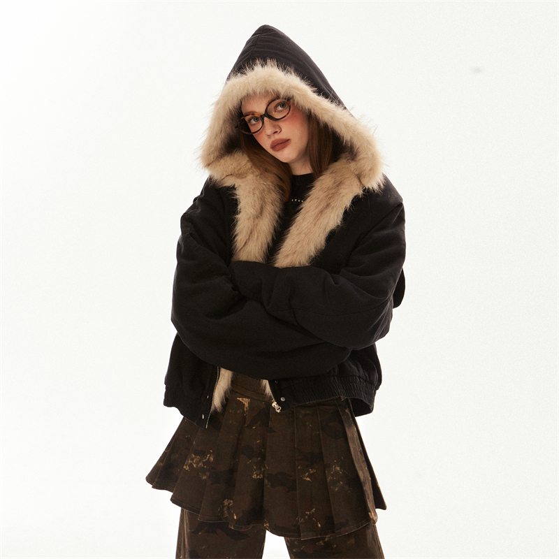 Retro winter plush coat thick hooded cotton coat for women