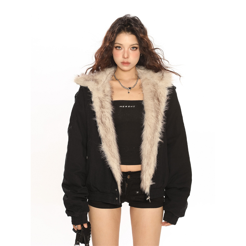 Retro winter plush coat thick hooded cotton coat for women