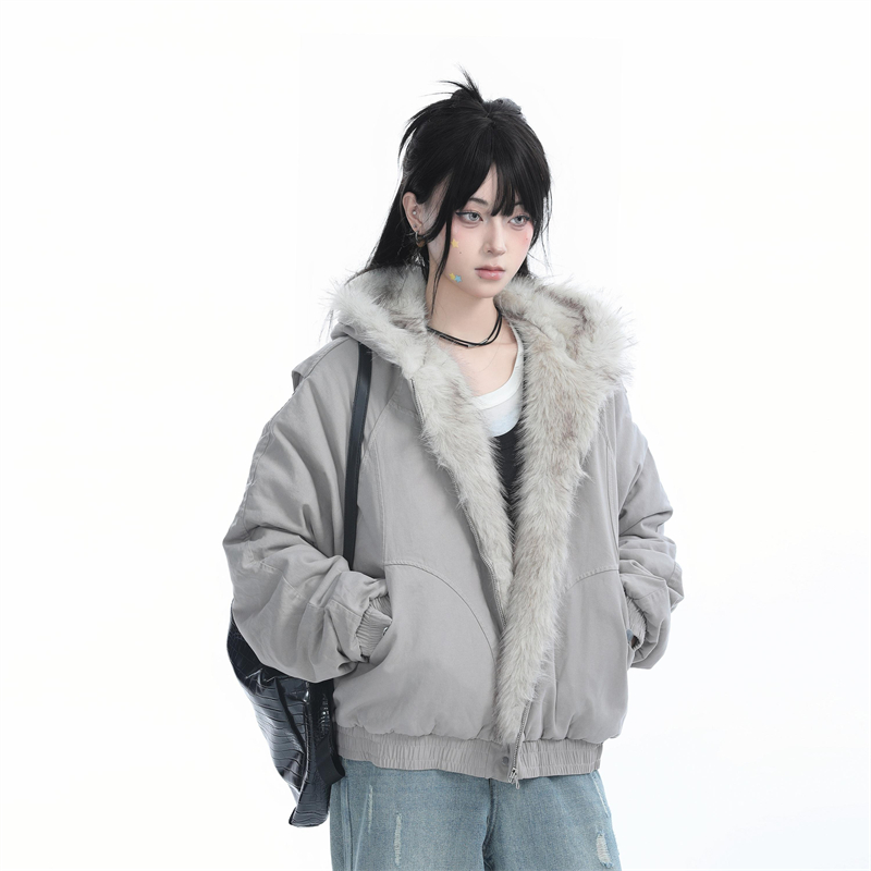 Retro winter plush coat thick hooded cotton coat for women