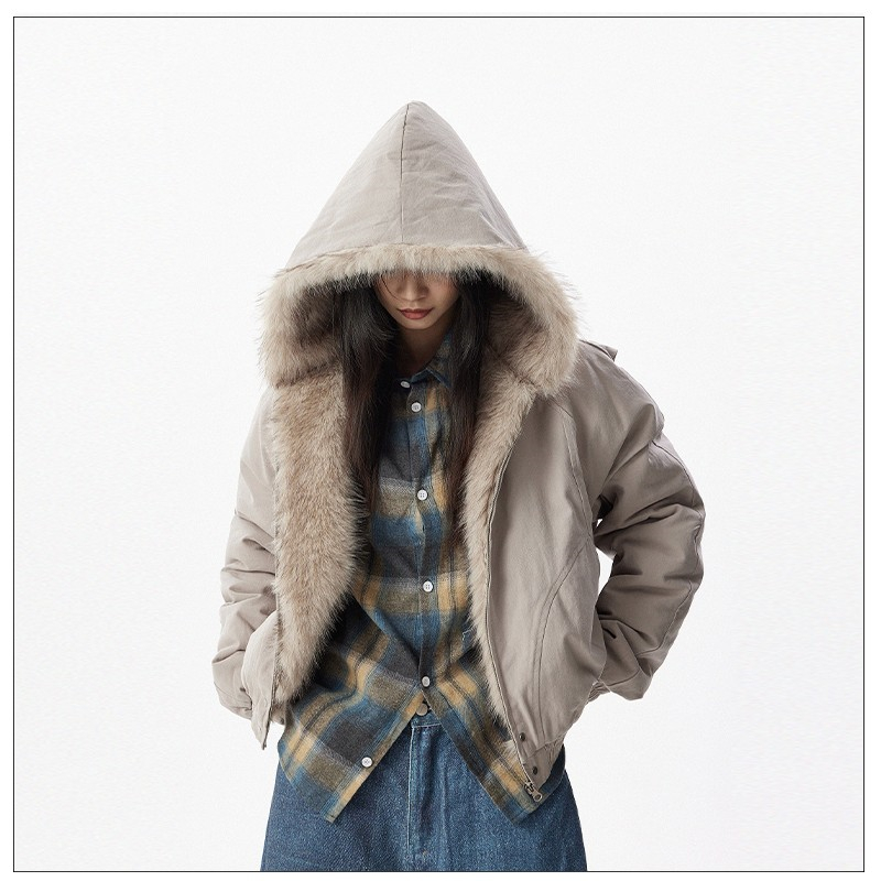 Retro winter plush coat thick hooded cotton coat for women