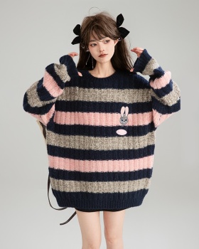 Lazy mixed colors stripe long sweater for women