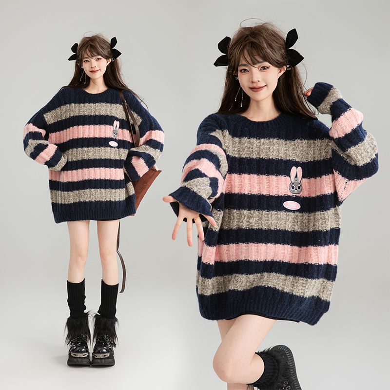 Lazy mixed colors stripe long sweater for women