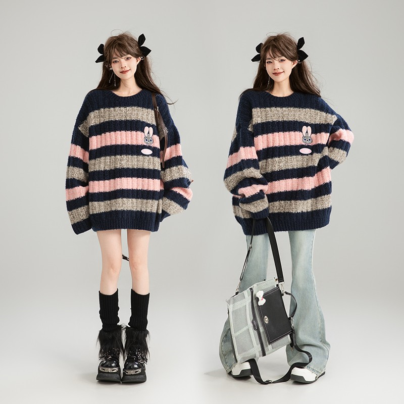 Lazy mixed colors stripe long sweater for women