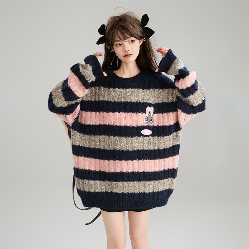 Lazy mixed colors stripe long sweater for women