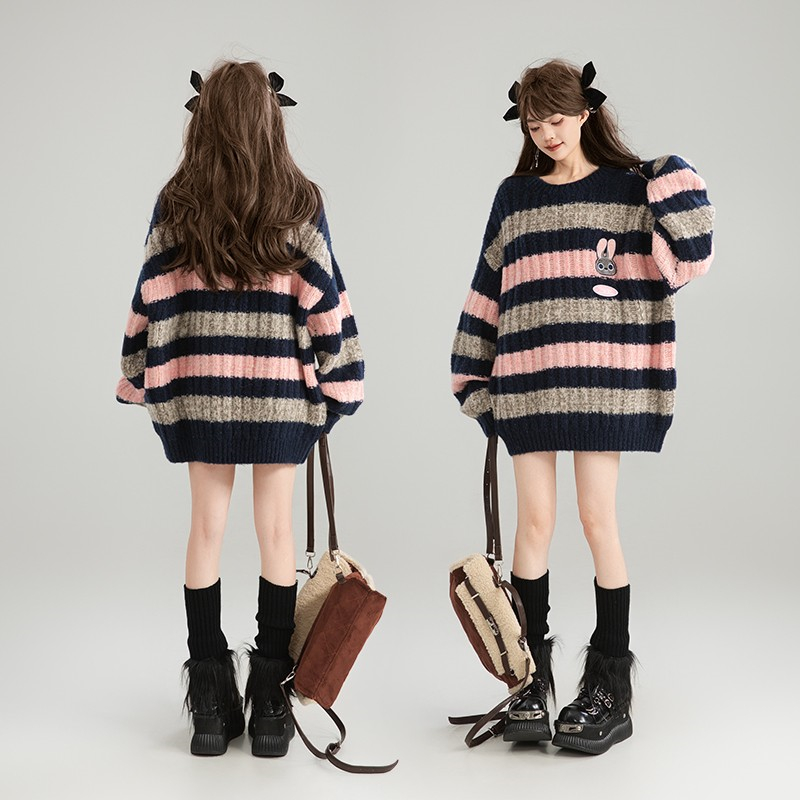 Lazy mixed colors stripe long sweater for women