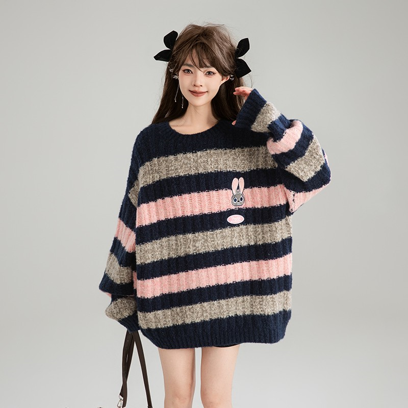 Lazy mixed colors stripe long sweater for women