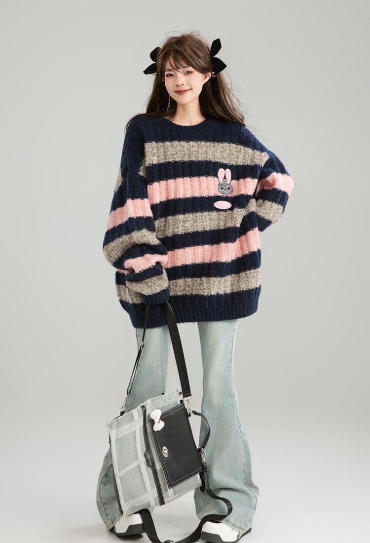 Lazy mixed colors stripe long sweater for women