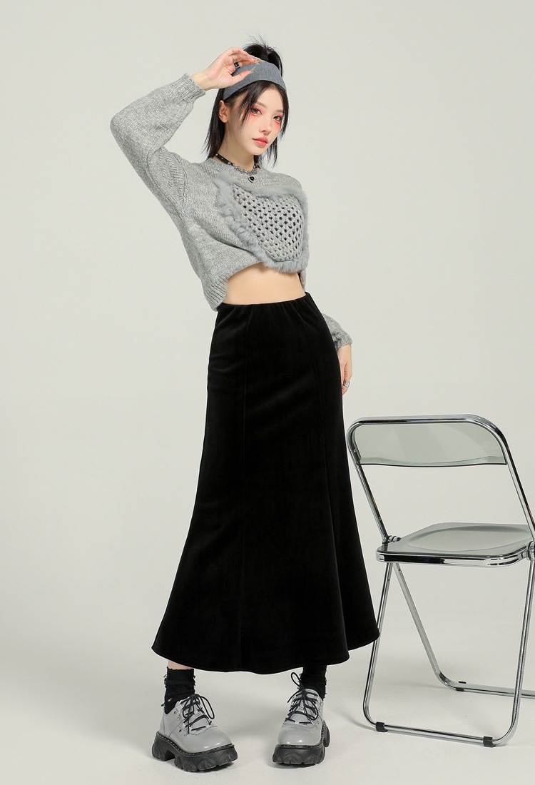 High waist package hip A-line black slim skirt for women