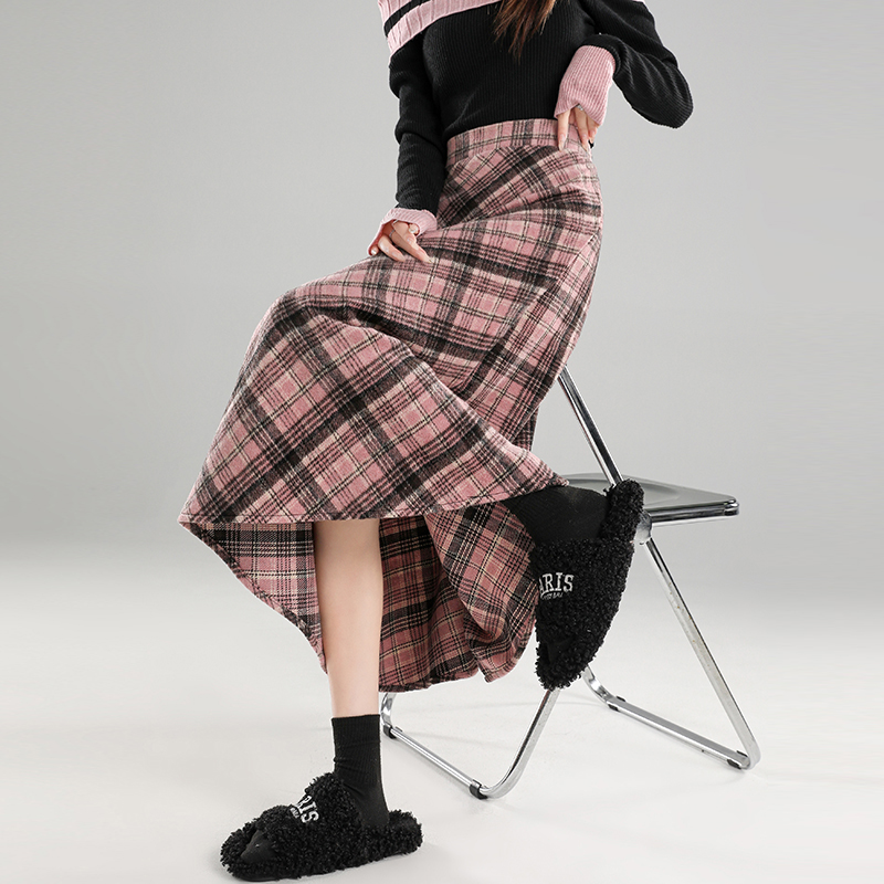 Autumn and winter plaid woolen long skirt for women