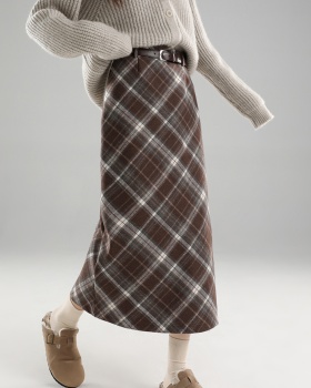 Woolen retro autumn and winter plaid split package hip skirt