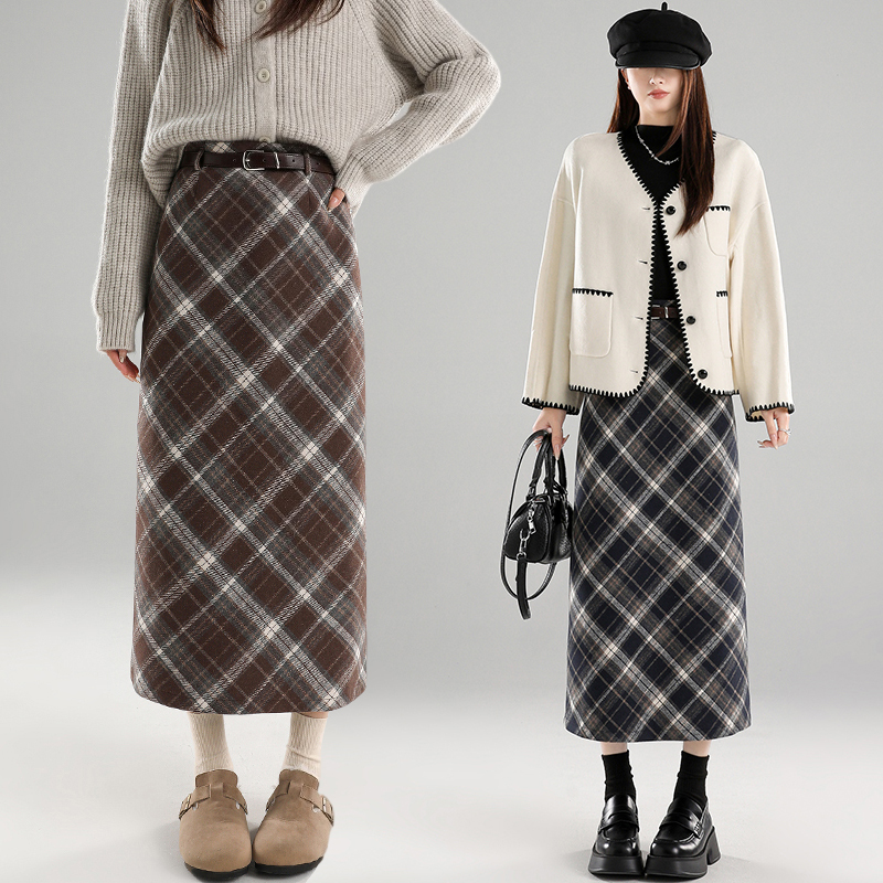 Woolen retro autumn and winter plaid split package hip skirt