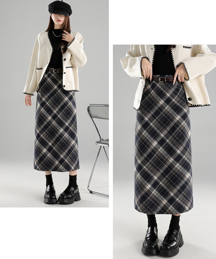 Woolen retro autumn and winter plaid split package hip skirt