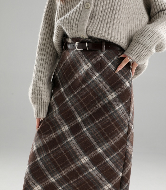 Woolen retro autumn and winter plaid split package hip skirt