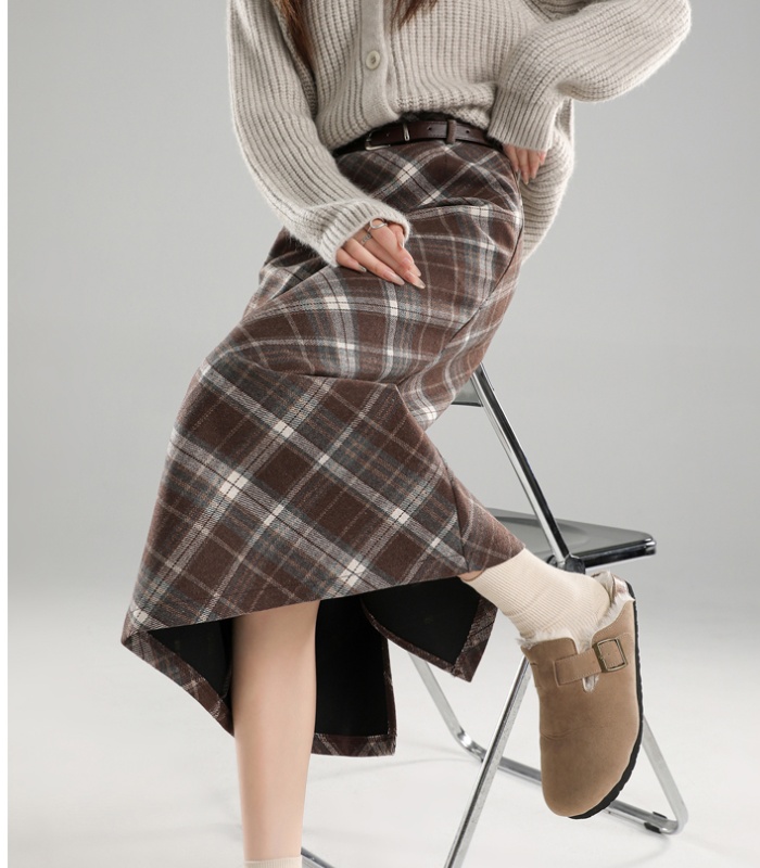 Woolen retro autumn and winter plaid split package hip skirt