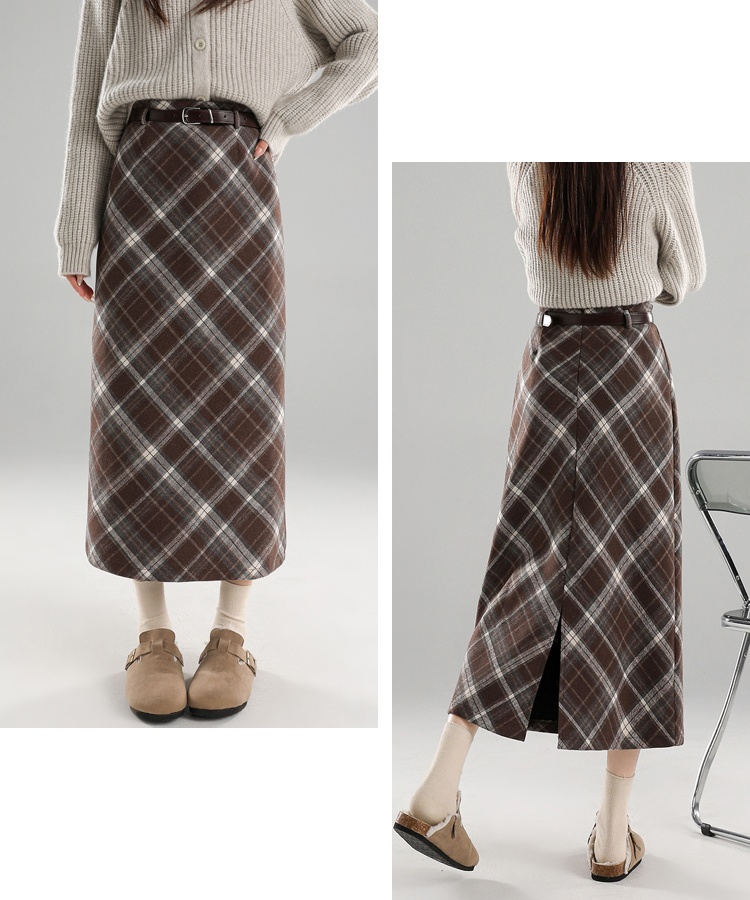 Woolen retro autumn and winter plaid split package hip skirt