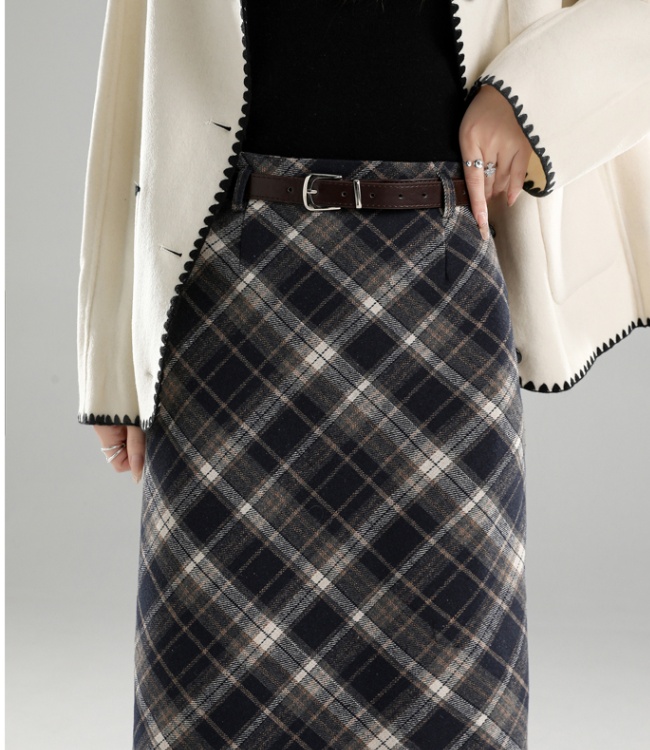 Woolen retro autumn and winter plaid split package hip skirt