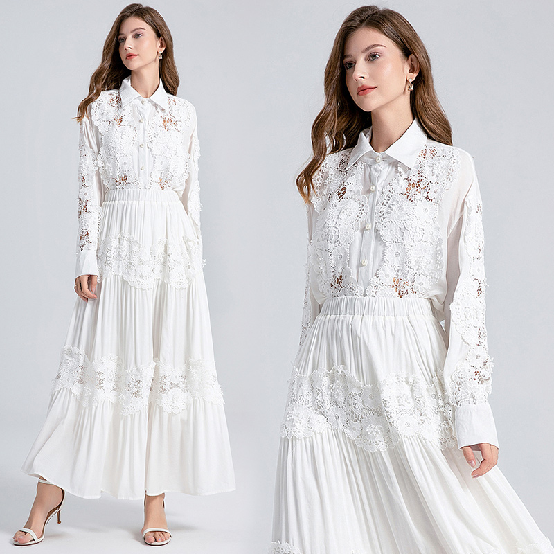 Fashion big skirt skirt hollow lace shirt 2pcs set