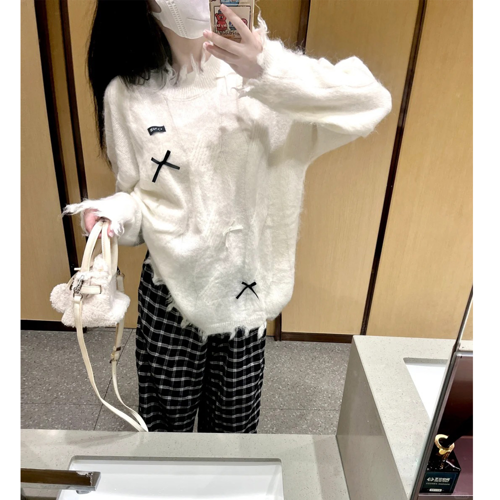 Pullover lazy sweater long sleeve bow tops