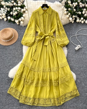 Bandage lantern sleeve long dress lace dress