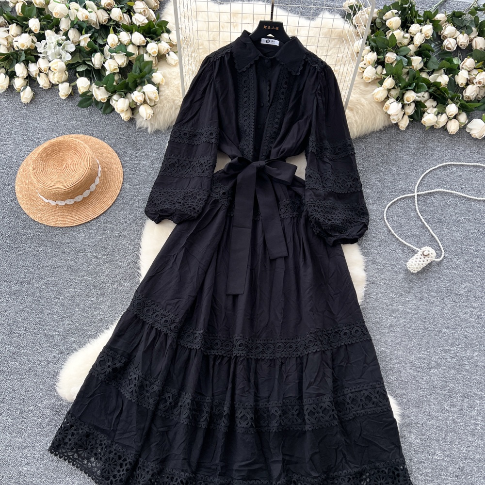 Bandage lantern sleeve long dress lace dress