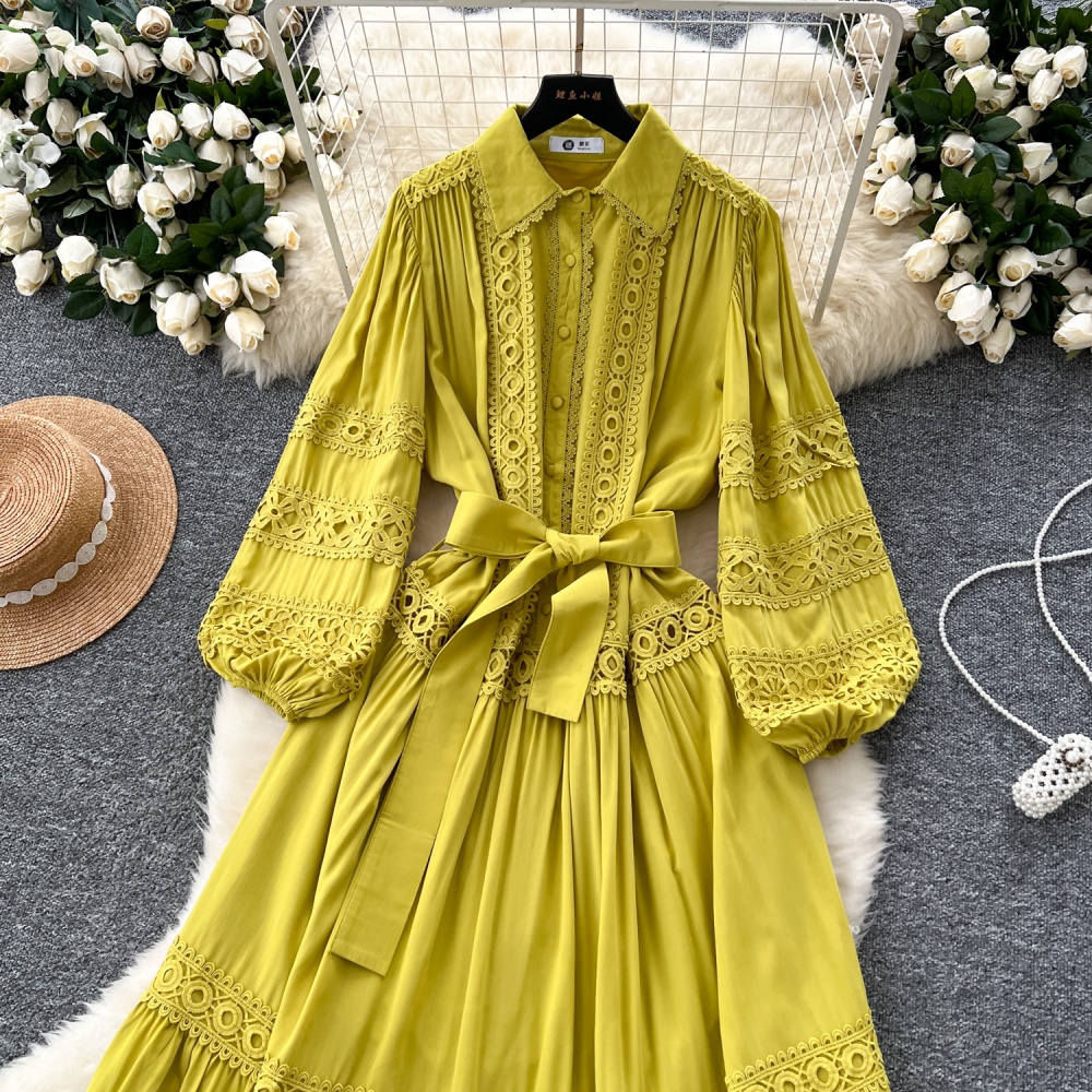 Bandage lantern sleeve long dress lace dress