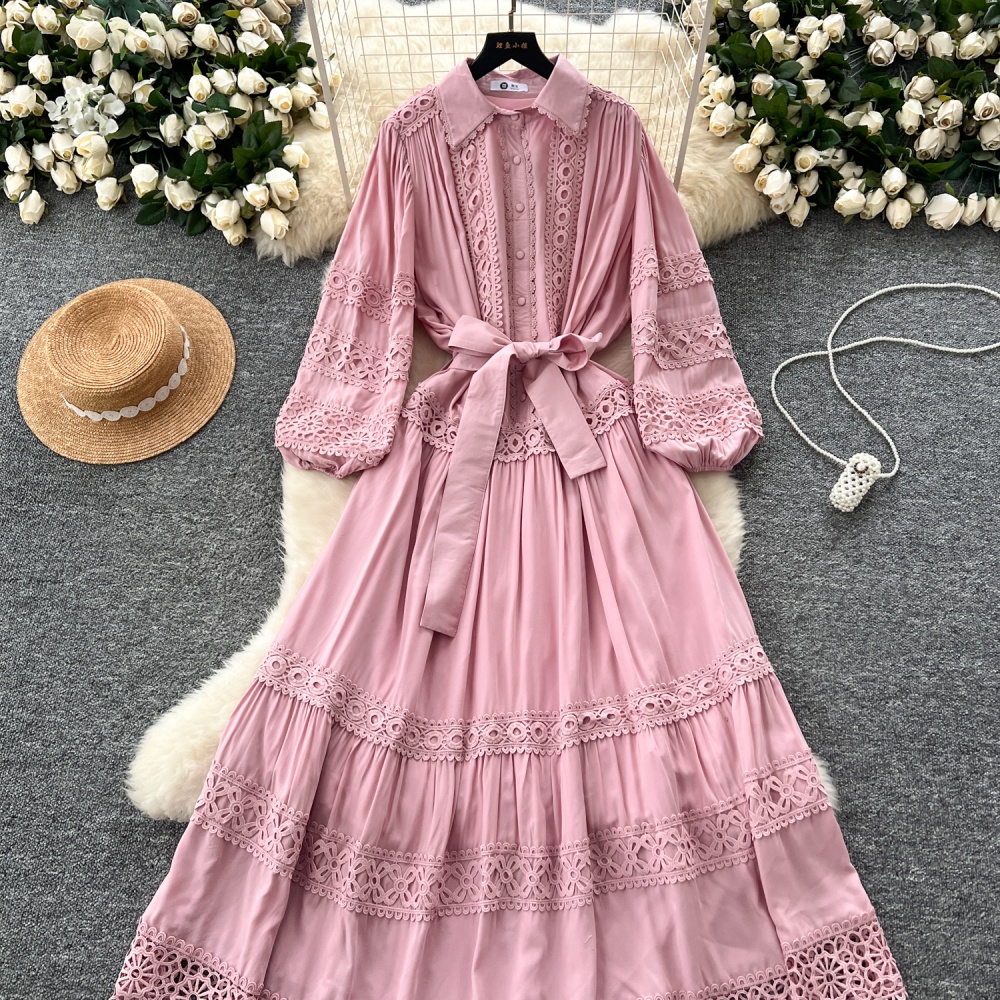 Bandage lantern sleeve long dress lace dress