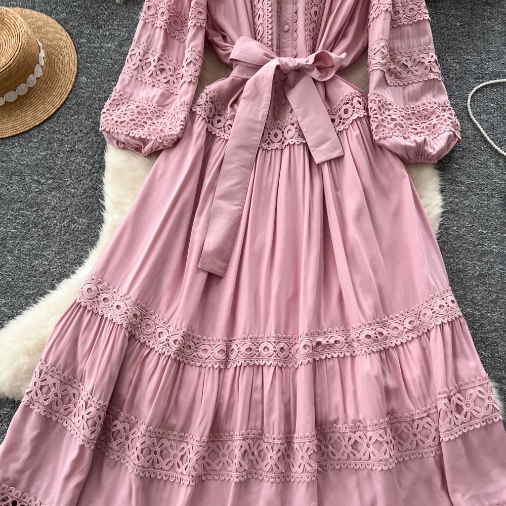 Bandage lantern sleeve long dress lace dress