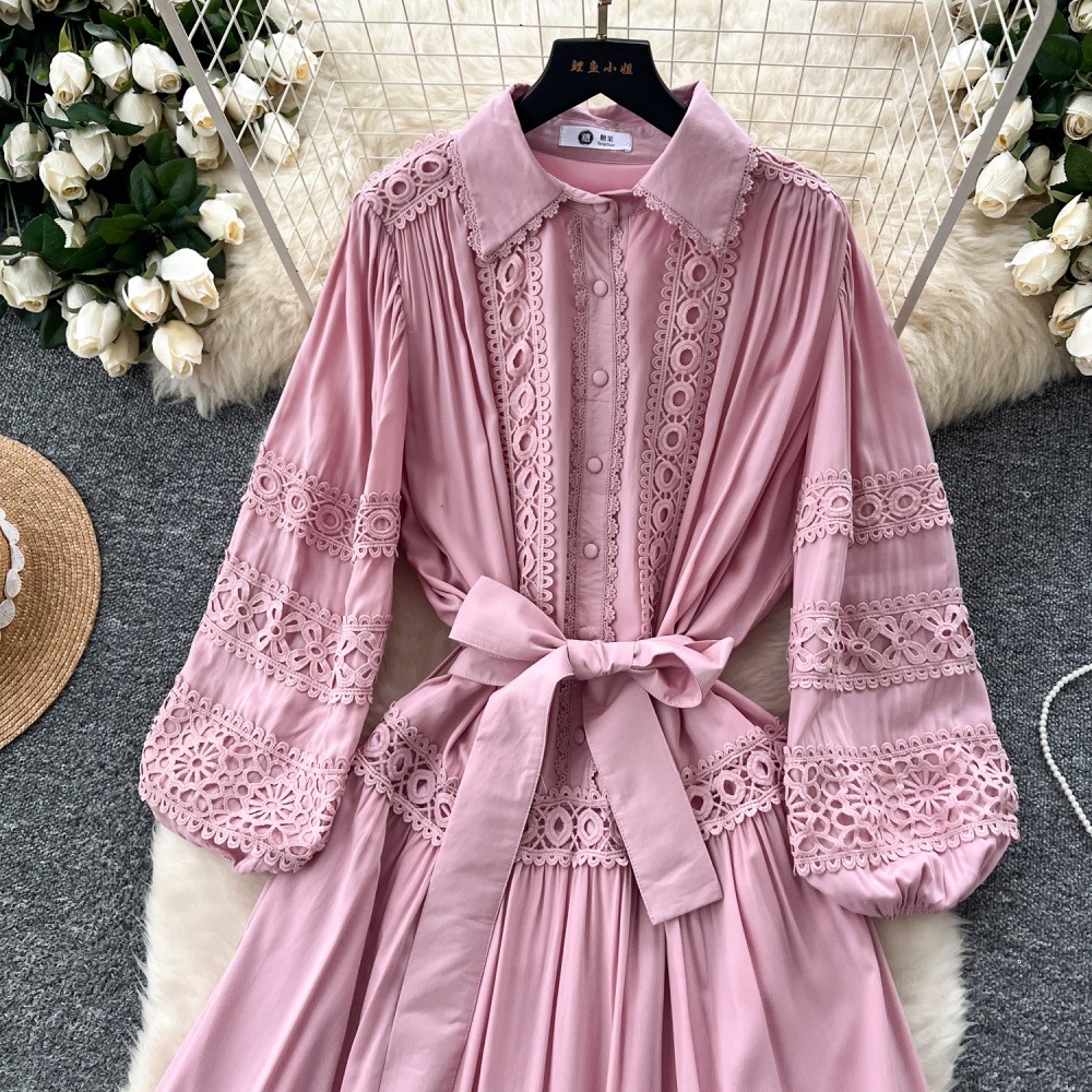 Bandage lantern sleeve long dress lace dress