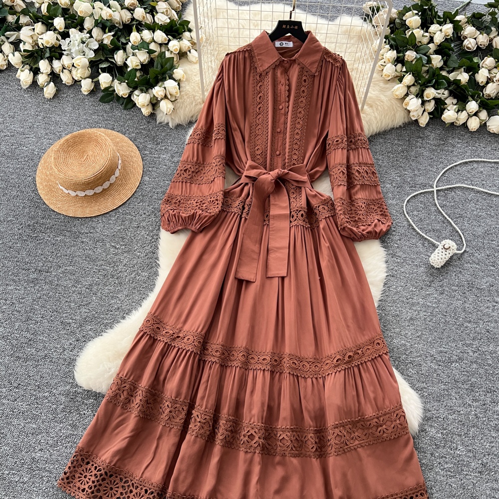 Bandage lantern sleeve long dress lace dress