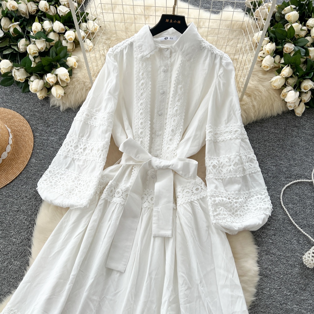 Bandage lantern sleeve long dress lace dress