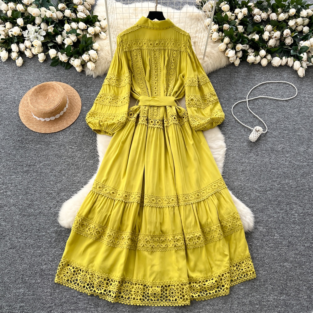 Bandage lantern sleeve long dress lace dress