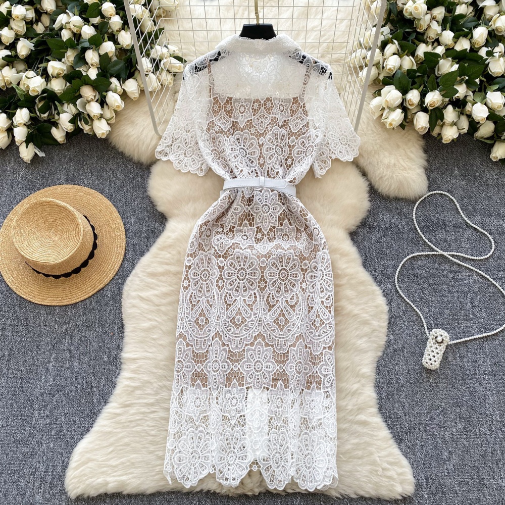 Hollow crochet dress court style long dress for women