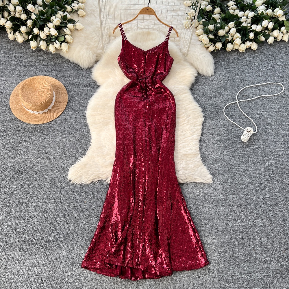 Glitter V-neck dress temperament mermaid formal dress