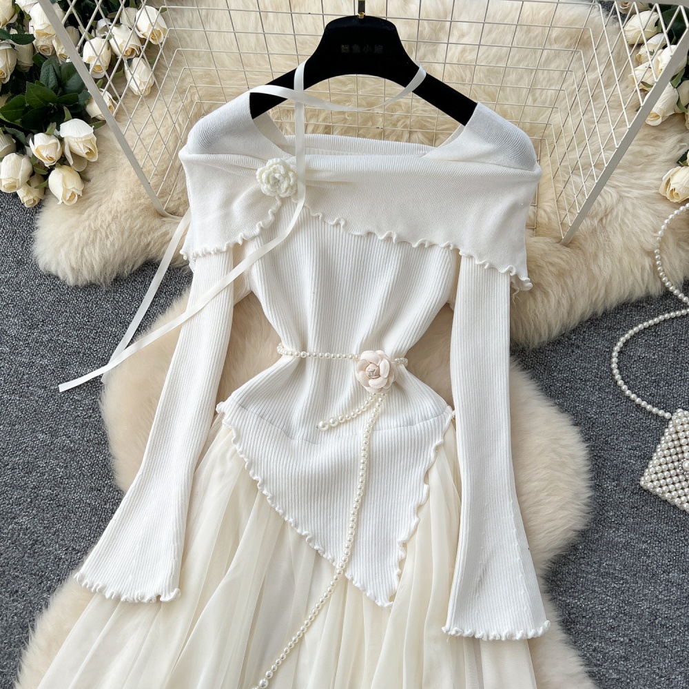 Irregular gauze flowers long sleeve lady dress