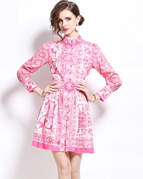 With belt cstand collar dress retro printing cardigan