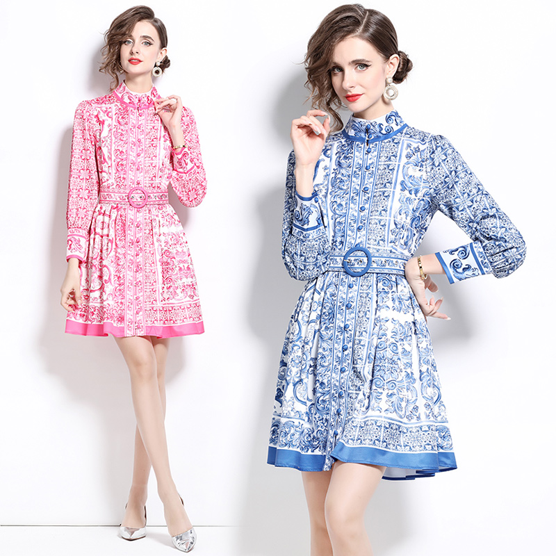 With belt cstand collar dress retro printing cardigan