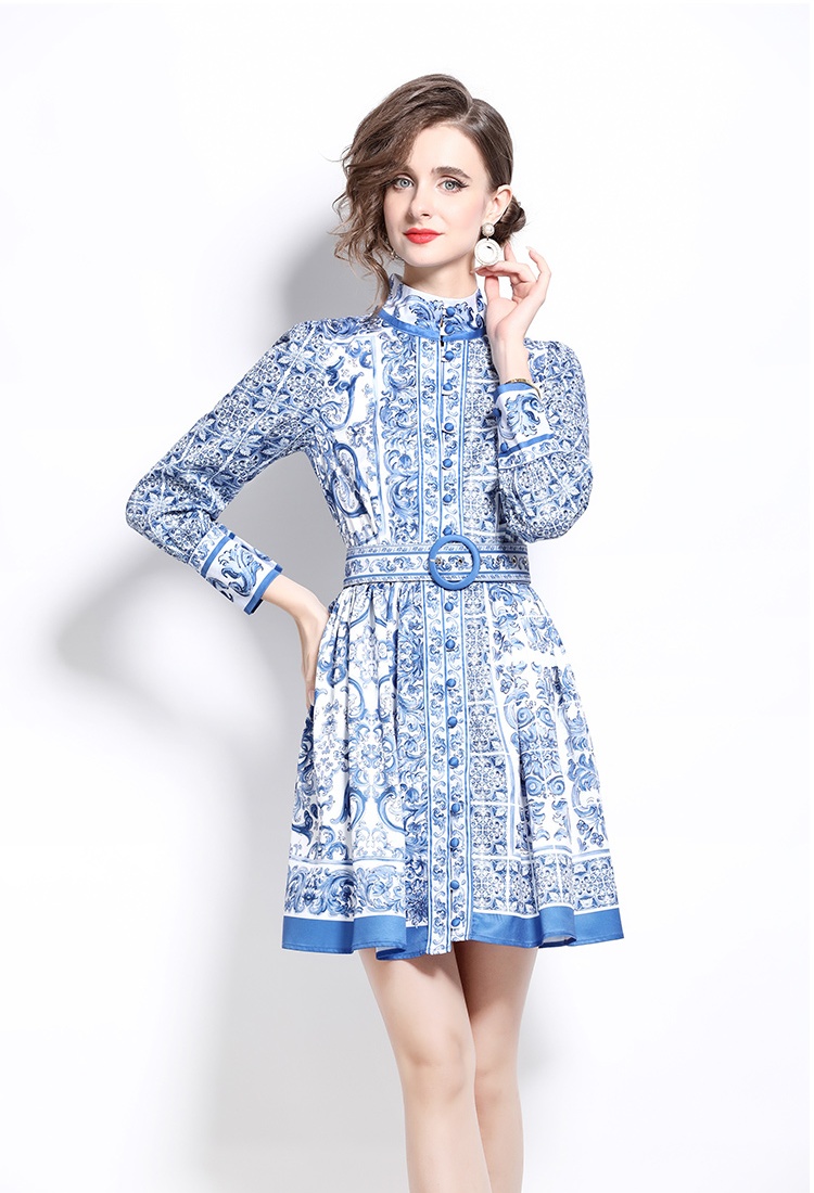 With belt cstand collar dress retro printing cardigan