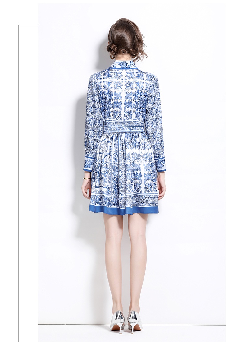 With belt cstand collar dress retro printing cardigan