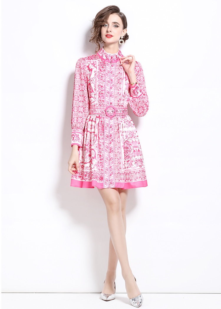 With belt cstand collar dress retro printing cardigan