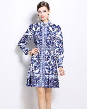 Multi buckles cstand collar dress retro with belt cardigan