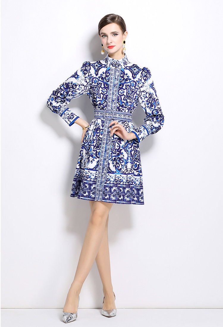 Multi buckles cstand collar dress retro with belt cardigan