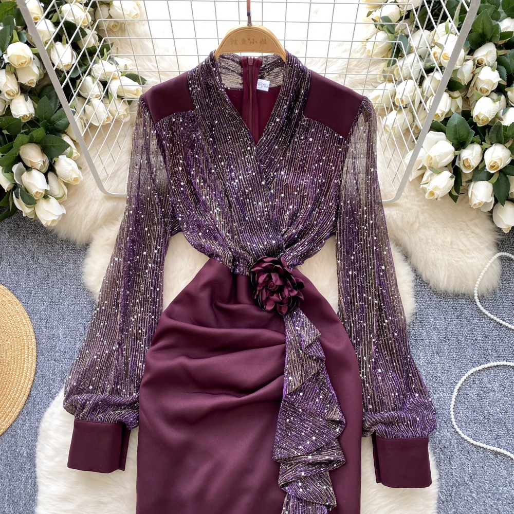 France style splice sequins satin gauze dress for women