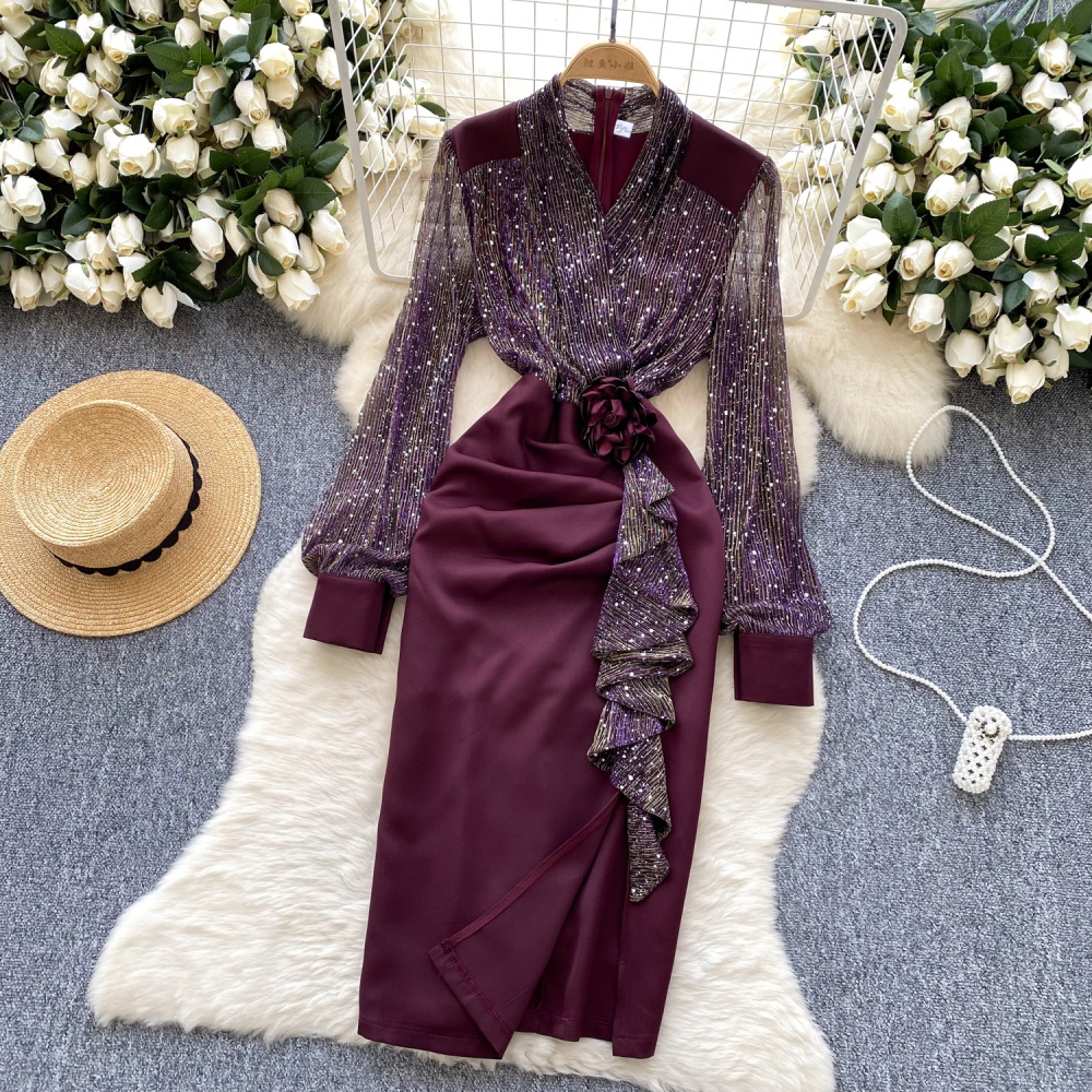 France style splice sequins satin gauze dress for women