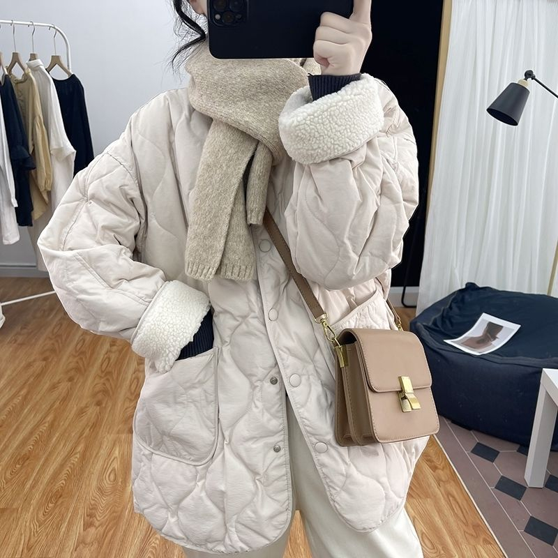 Lamb fur loose coat splice cotton coat for women