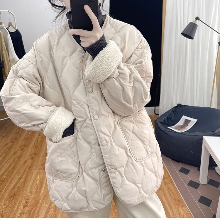 Lamb fur loose coat splice cotton coat for women