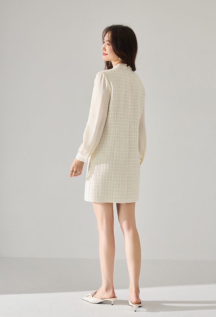 Chanelstyle commuting white long sleeve bow dress