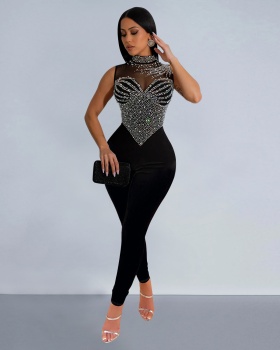 Rhinestone long pants European style jumpsuit for women