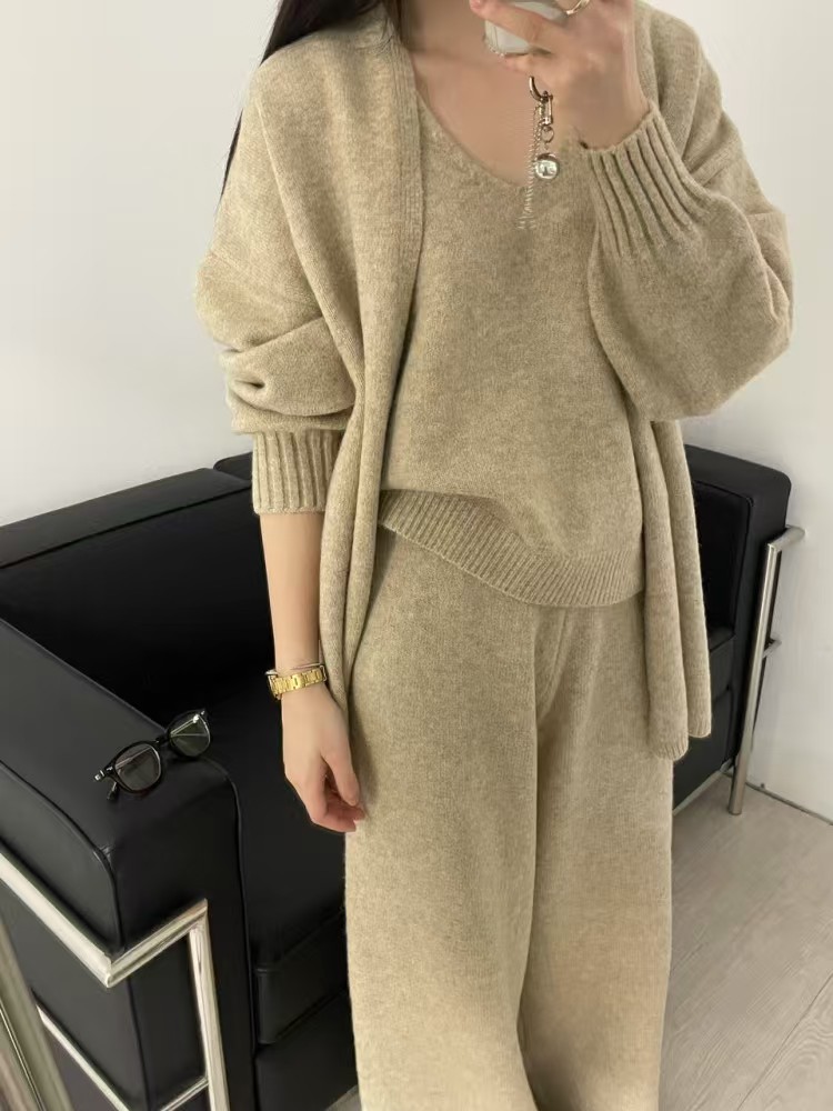 Temperament wide leg long pants Casual simple cardigan 3pcs set